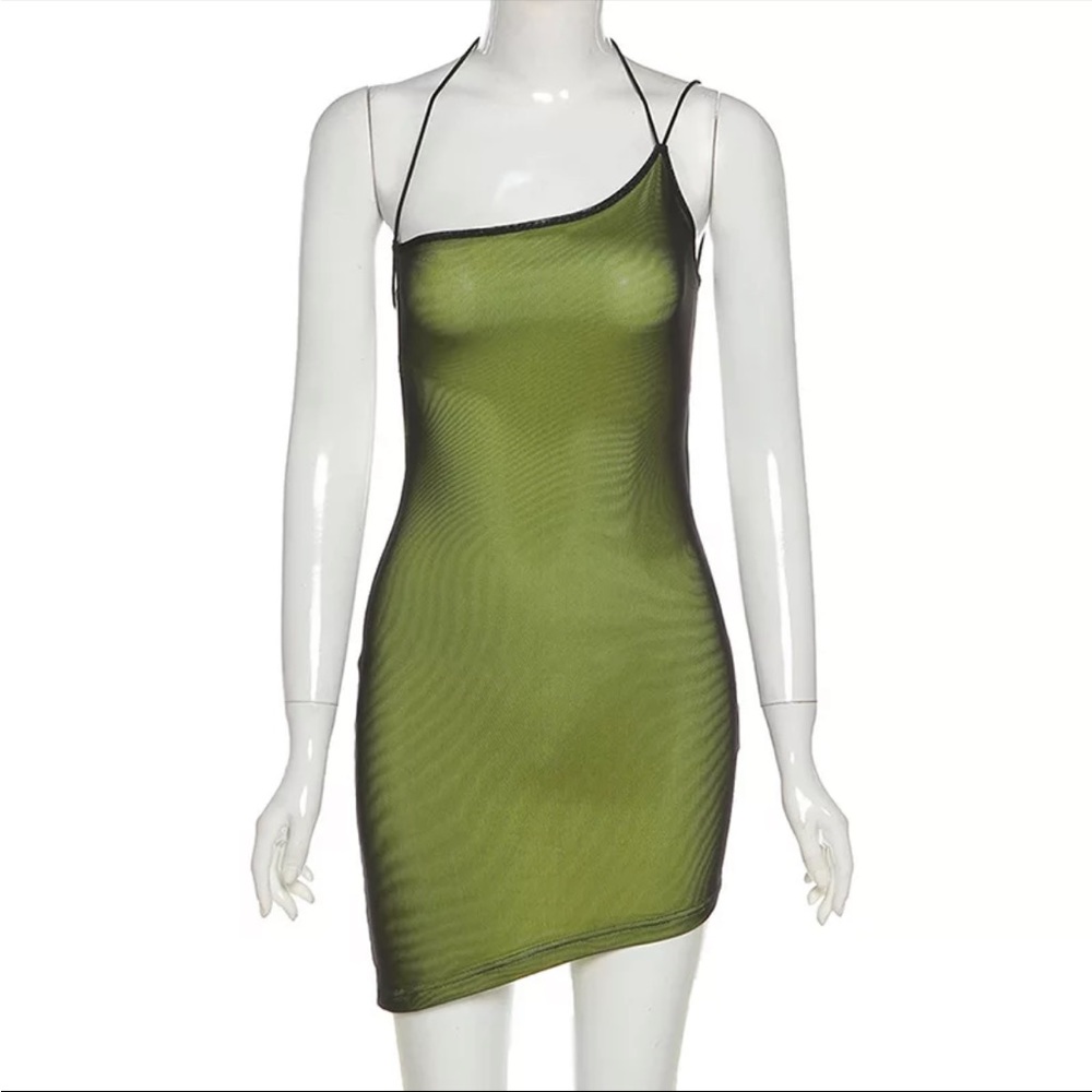 Green w/black mesh one shoulder strappy mini dress